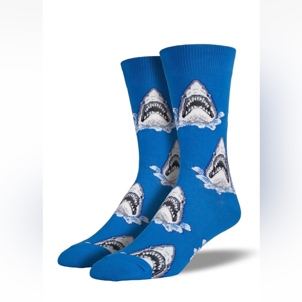 Men's Novelty Crew Socks Shark Attack Blue One Size Cotton Blend New With Tags